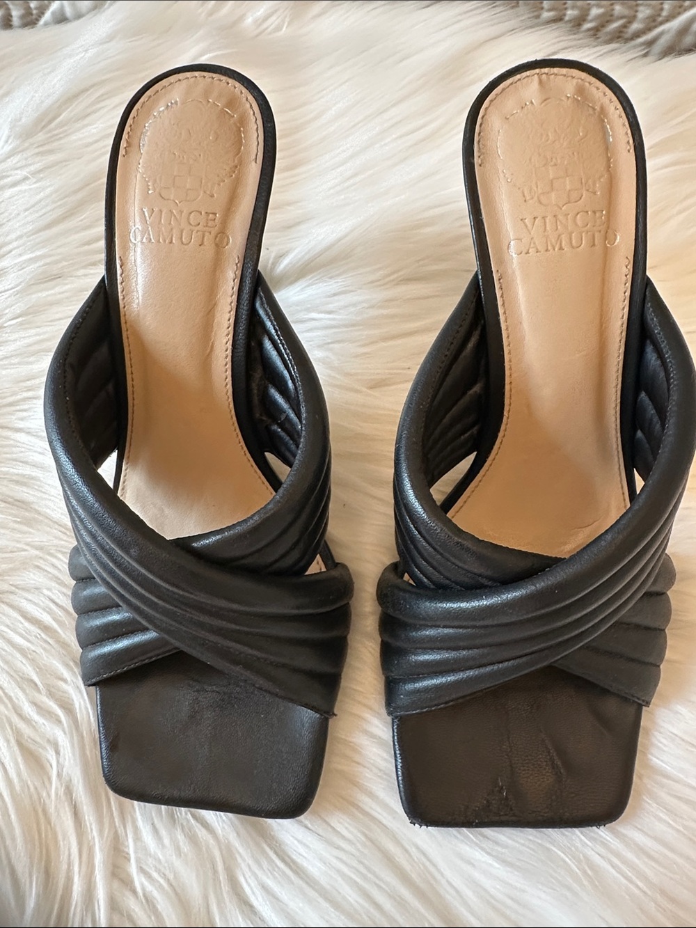 Vince Camuto Black Leather Crisscross Slide Mules